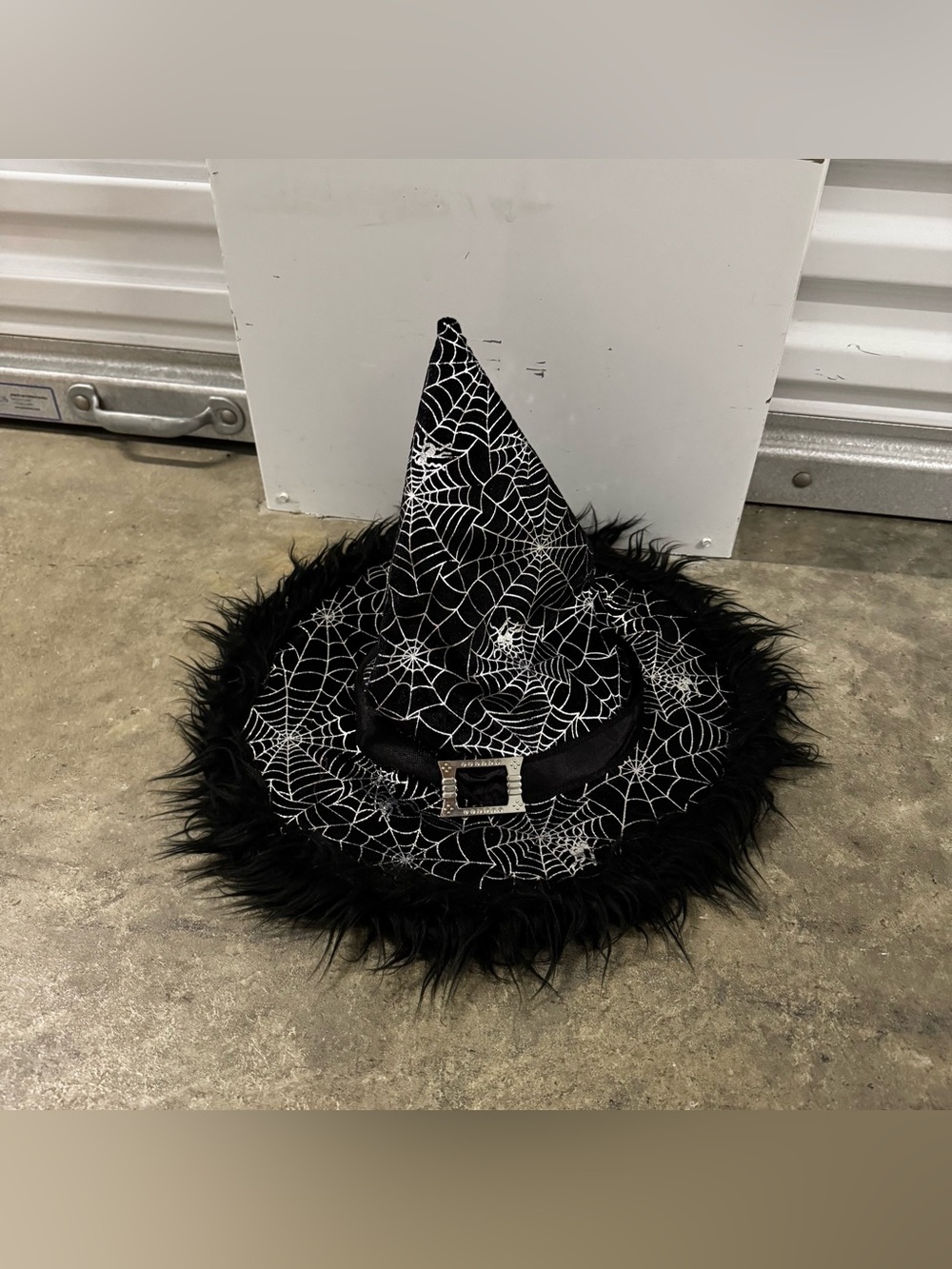 Black Spiderweb Witch Hat Costume - Faux Fur Trim